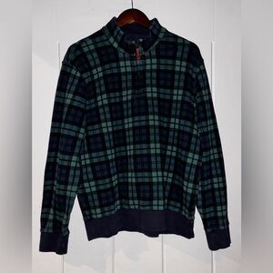 Lands' End Bedford 1/4 Rib Brush Knit Green Blue Plaid Sweater Men L